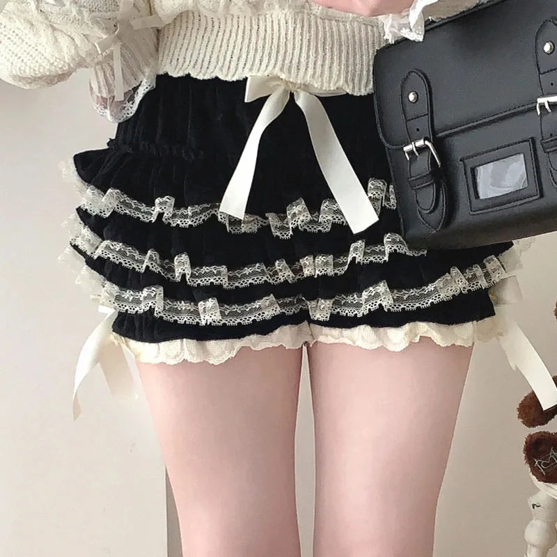 Autumn Winter Warm Lolita Safety Short Pants Women Sweet Chic Plush Bloomers Japanese Y2k Lace Bow Knickers Harajuku Cute Shorts Aiertu