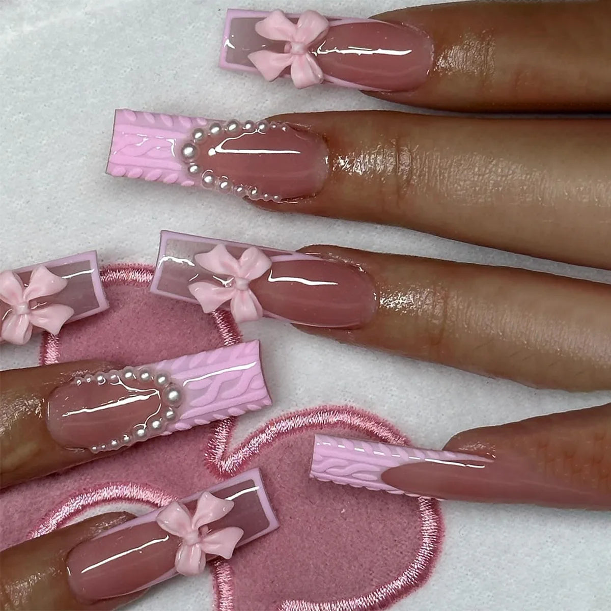 Aiertu 24Pcs Long Ballet False Nails with Bow Designs Pink Coffin Press on Nails Wearable French Fake Nail Full Cover Manicure Tips Aiertu