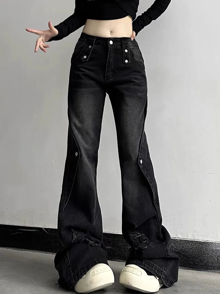 Aiertu Y2K Harajuku Wide Leg High Waist Flared Jeans Slim Ripped Pants Winter Women's Vintage Streetwear Style Denim Trouser Aiertu