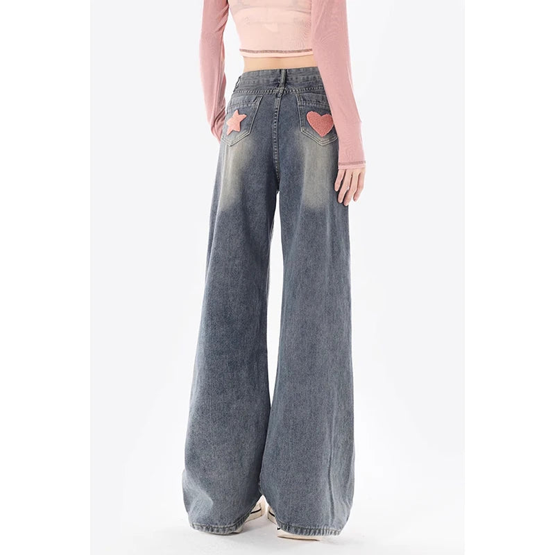 Aiertu American Blue Vintage Style High Waist Embroidery Jeans Pants Spring Women's Baggy Y2K Wide Leg Denim Trouser Female Clothes Aiertu
