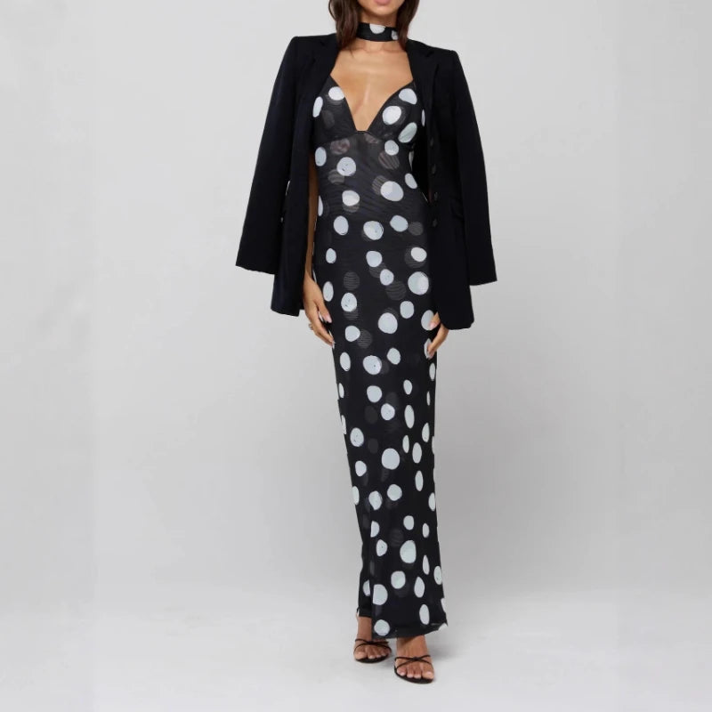 AIERTU  -  Elegant Polka Dot Spaghetti Straps V-Neck Sleeveless Suspender High Waist Slim Maxi Long Dress Evening Gown Party Dress Beach Aiertu