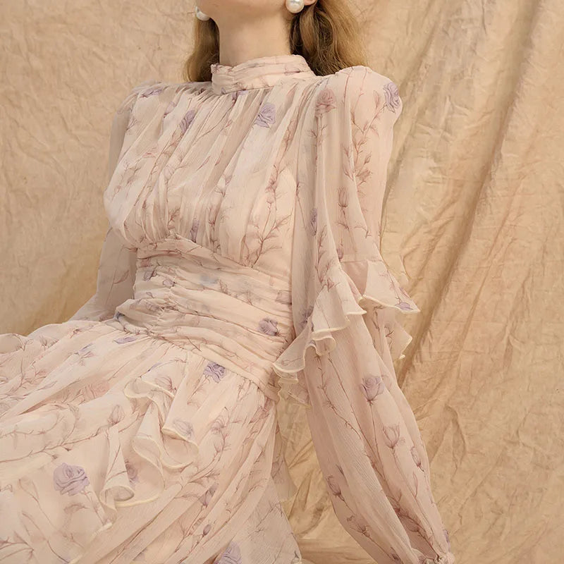 AIERTU  -  Women Long Sleeved Dress A-line Floral Print Pattern Pleated Semi High Neck Elastic Bubble Sleeves Ruffle Edge Design Long Dress Aiertu