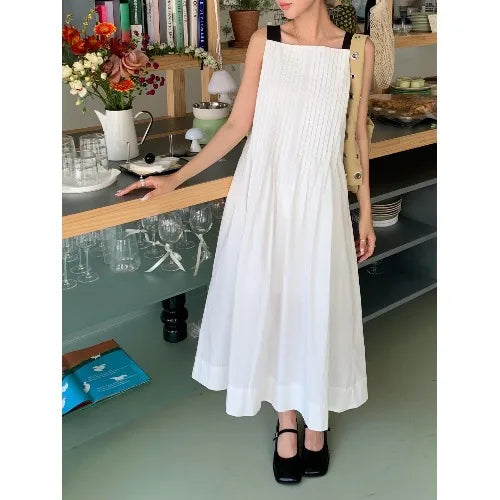 AIERTU  -  Korean Style Chic Versatile Color Block Wide Shoulder Strap Pleated Design Dress Street Style Summer Casual Women's Dress Aiertu