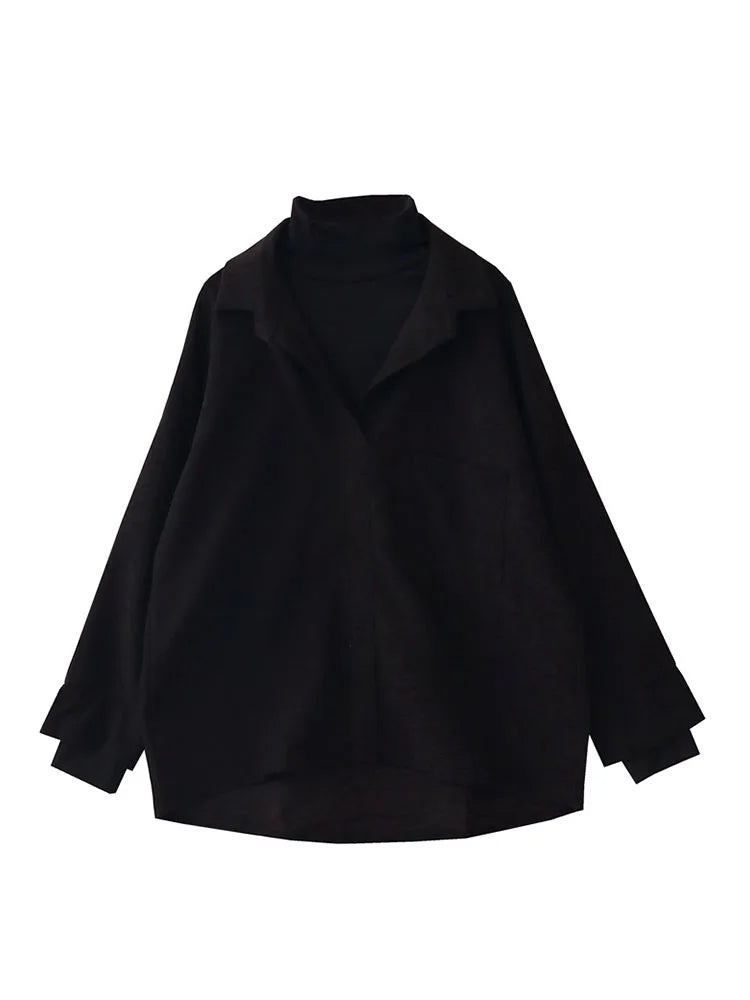 Aiertu Fake Two Piece Shirt Women Patchwork Turtleneck Turn-down Collar Autumn Winter Casual Lady Long Sleeves Female Loose Blouse Tops Aiertu
