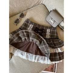 Aiertu Kawaii Ruffle Lace Plaid Skirts Women Sweet Elegant Mini Skirt Cutecore Autumn Winter Patchwork A-line Short Skirts Aiertu
