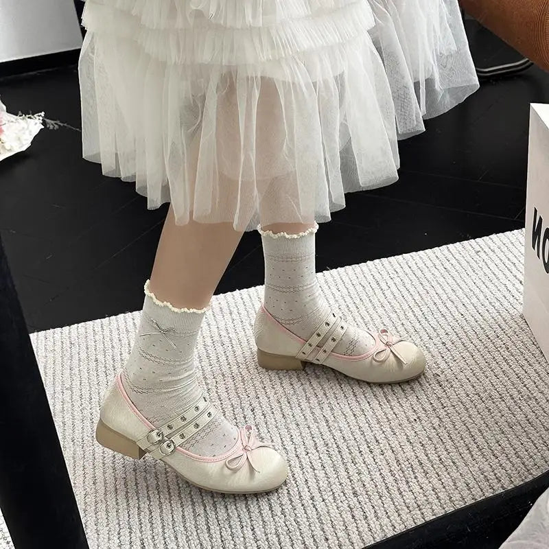 AIERTU  -  Pink Floral Pattern Low Heel Mary Jane Shoes Women Summer Comfort Silver Bowknot Ballet Flats Woman's Lolita Shoes Aiertu