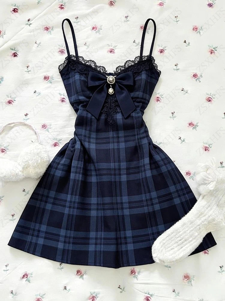 AIERTU  -  Blue plaid Bows Lace Dress Subculture Vintage Streetwear Kawaii Sexy Suspender Checkered Dresses Aesthetic Sweet Y2k Short Dress Aiertu