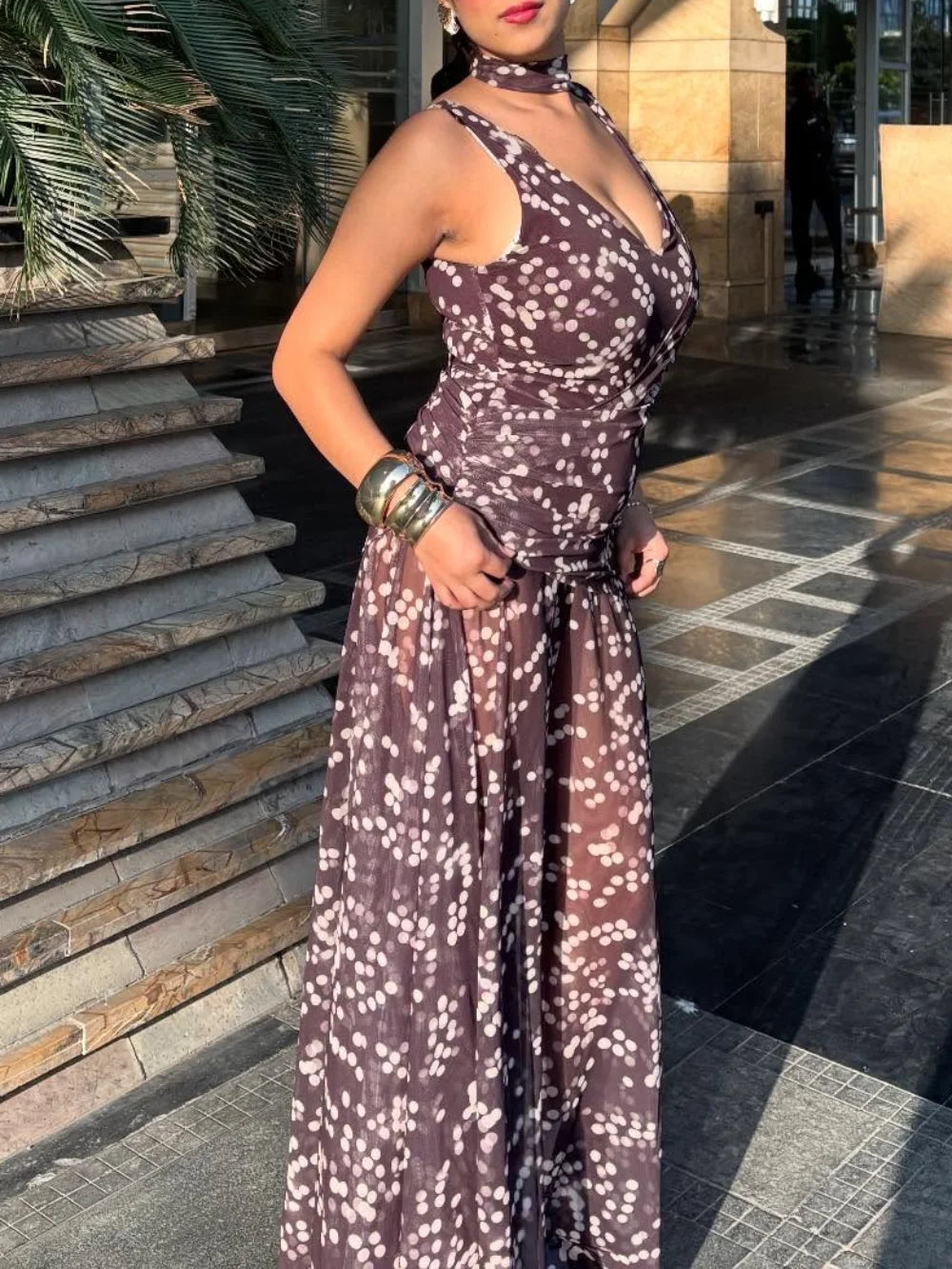 AIERTU  -  New Summer Polka Dot Chiffon Dress Women Sexy V-Neck Sleeveless Scarf Collar Midi Vestidos Elegant Retro Party Prom Sun Dress Aiertu