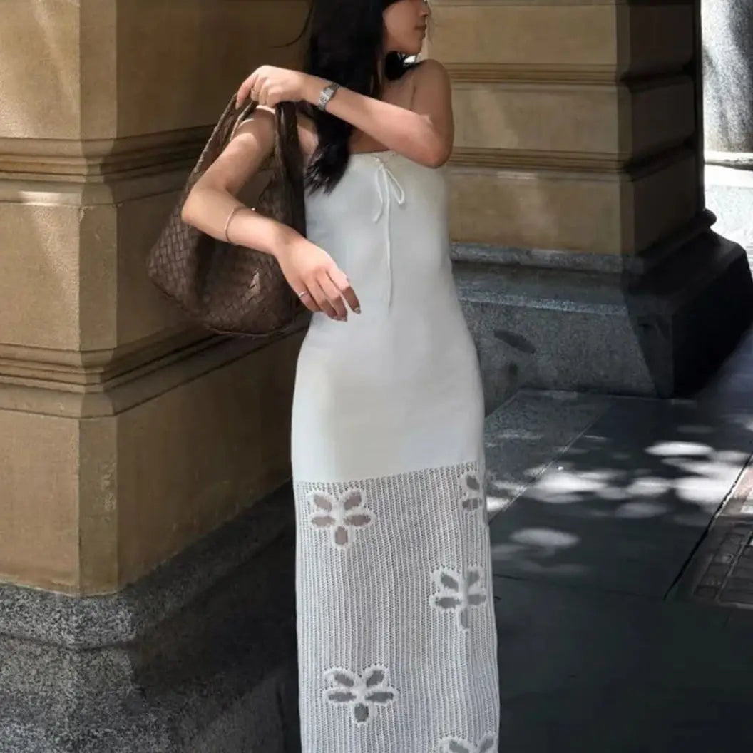 AIERTU  -  Hollow Flower Tube Top Knitted Dress Casual Style Waist Versatile Breathable Sleeveless Straight Skirt Aiertu
