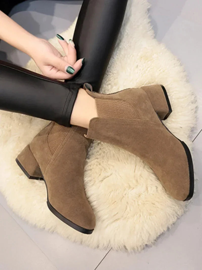 Women  Ankle Boots Autumn Winter  Boots Slip-on Round Toe 3.5cm Square Heel Solid Casual Black Camel Booties Size 35-43 Aiertu