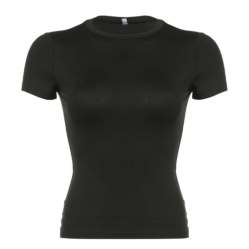 Aiertu Basic Solid Crop Top Short Sleeve Crewneck Skinny T-shirt Summer Casual Tee for Women y2k Vintage Top Harajuku Streetwear Aiertu