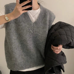 Aiertu Women Vintage Turn Down Collar Check Plaid Solid Knitting Sweater Female Casual Loose Vest Chic Pullovers Tops Aiertu