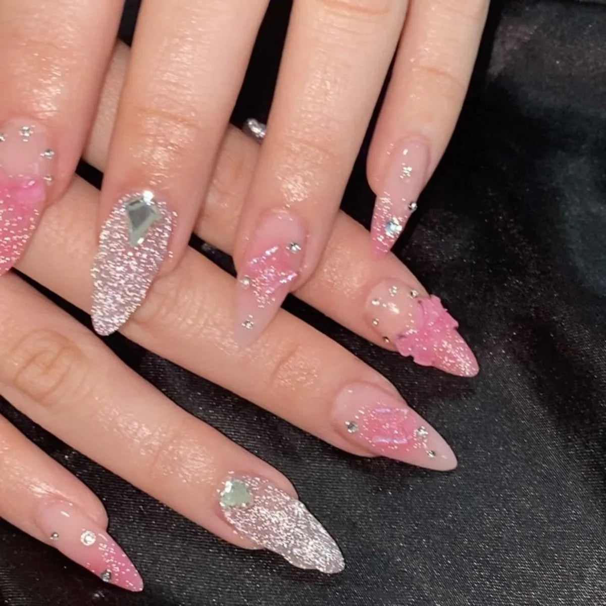 Aiertu 24Pcs Valentine Nails Press on Love Y2k Acrylic Nails Sparkle Butterfly French Cat Eye Almond Full Cover Stick on False Nail Tip Aiertu