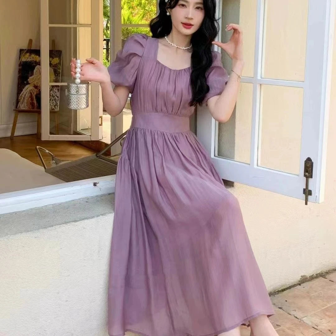 Aiertu Elegant and Chic Women Solid Summer Dress Vintage A-Line Short Sleeve Party Prom Dresses Female Clothes Long Robe New Aiertu