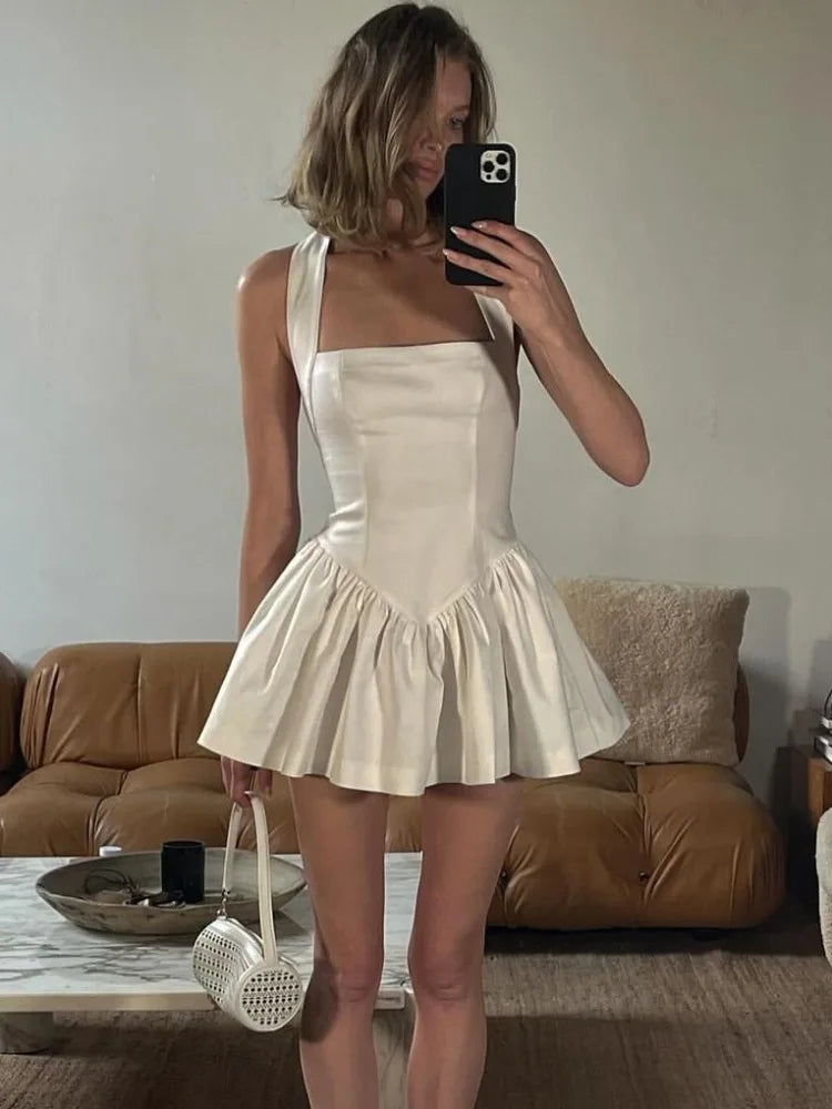 Aiertu Frill Mini Halter Dress For Women Splice Sexy Backless A-Line Hem Lace Up High Waisted Female Beach Black Bodycon Dress Aiertu