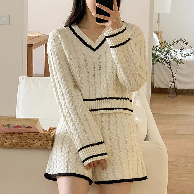Women Two Piece Sets Long Sleeve Knitted Tops And Shorts Casual Suit Solid Office Sets For Women 2024 Autumn Winter Aiertu