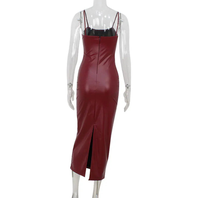AIERTU  -  Burgundy PU Leather Spaghetti Strap Dress Tight Fitting Slit Temperament Evening Gown Aiertu