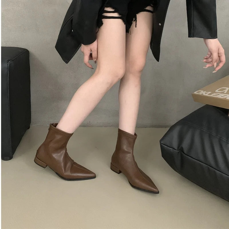 Ankle Boots Women Chunky Heels Pointed Toe Winter Shoes Women Flat Short Boot Brand Zipper Chelsea Booties Zapatillas Mujer Aiertu