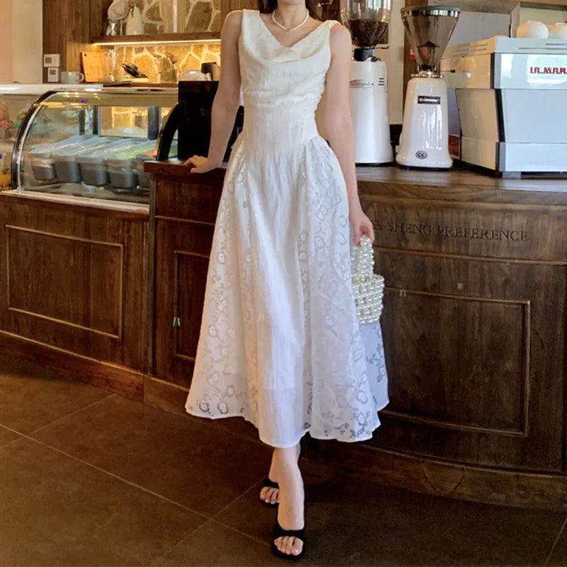 AIERTU  -  Women Dress Retro Lace Pattern Splicing Swinging Collar Sleeveless High Waist Solid Color Simple Vest Style Sling Long Dresses Aiertu