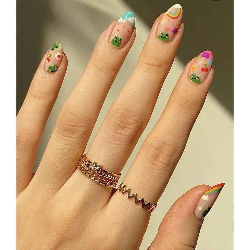 Aiertu 24Pcs Simple Green French False Nails Short Almond Fake Nails with Wave Line Design Wearable Round Head Press on Nail Tips Aiertu