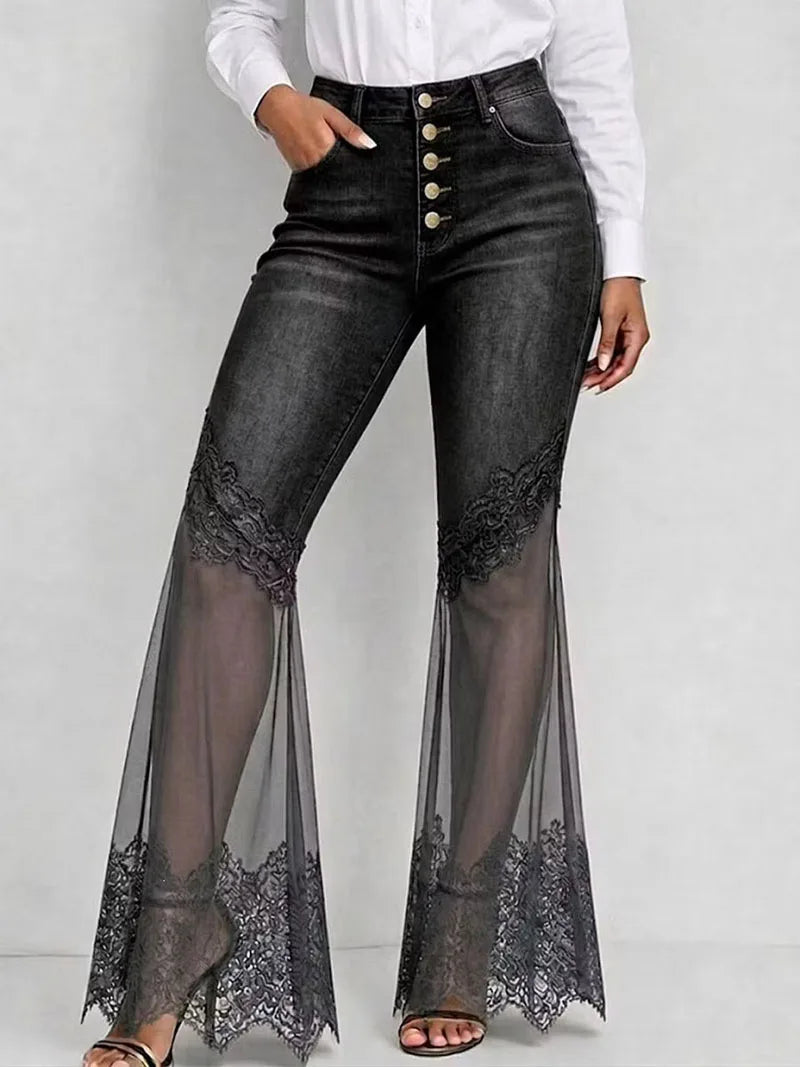 AIERTU  -  Blue Micro Flared Jeans Women High Waisted Multi Breasted Mesh Patchwork Denim Pants Vintage Slim Fit See Through Lace Trousers Aiertu