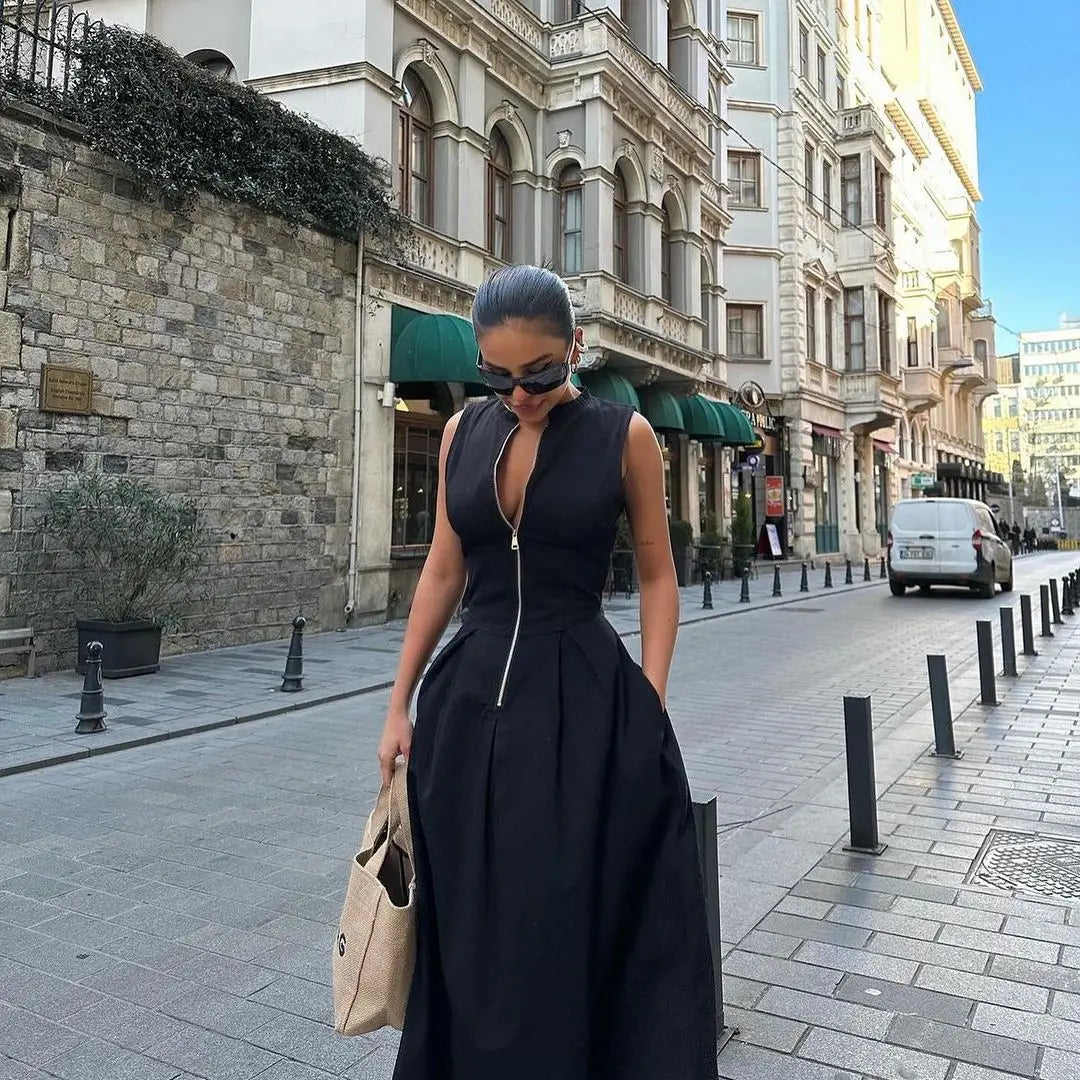 Aiertu Elegant Solid Sleeveless Women Maxi Dress Fashion V-neck Zipper Slim Cotton Linen Dresses 2024 Summer Office Lady Commuting Robe Aiertu