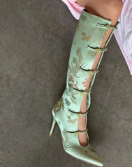 AIERTU  -  Retro Chinese Style Satin Pointed-Toe Knee Boots Brocade Embroidery Stiletto Heels Cutouts Design Unique Footwear Aiertu