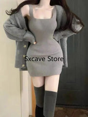 Aiertu Gray 2 Piece Dress Set Women Casual Long Sleeve Cardigan + Bodycon Strap Sweater Dress Evening Party Knitted Suit Aiertu