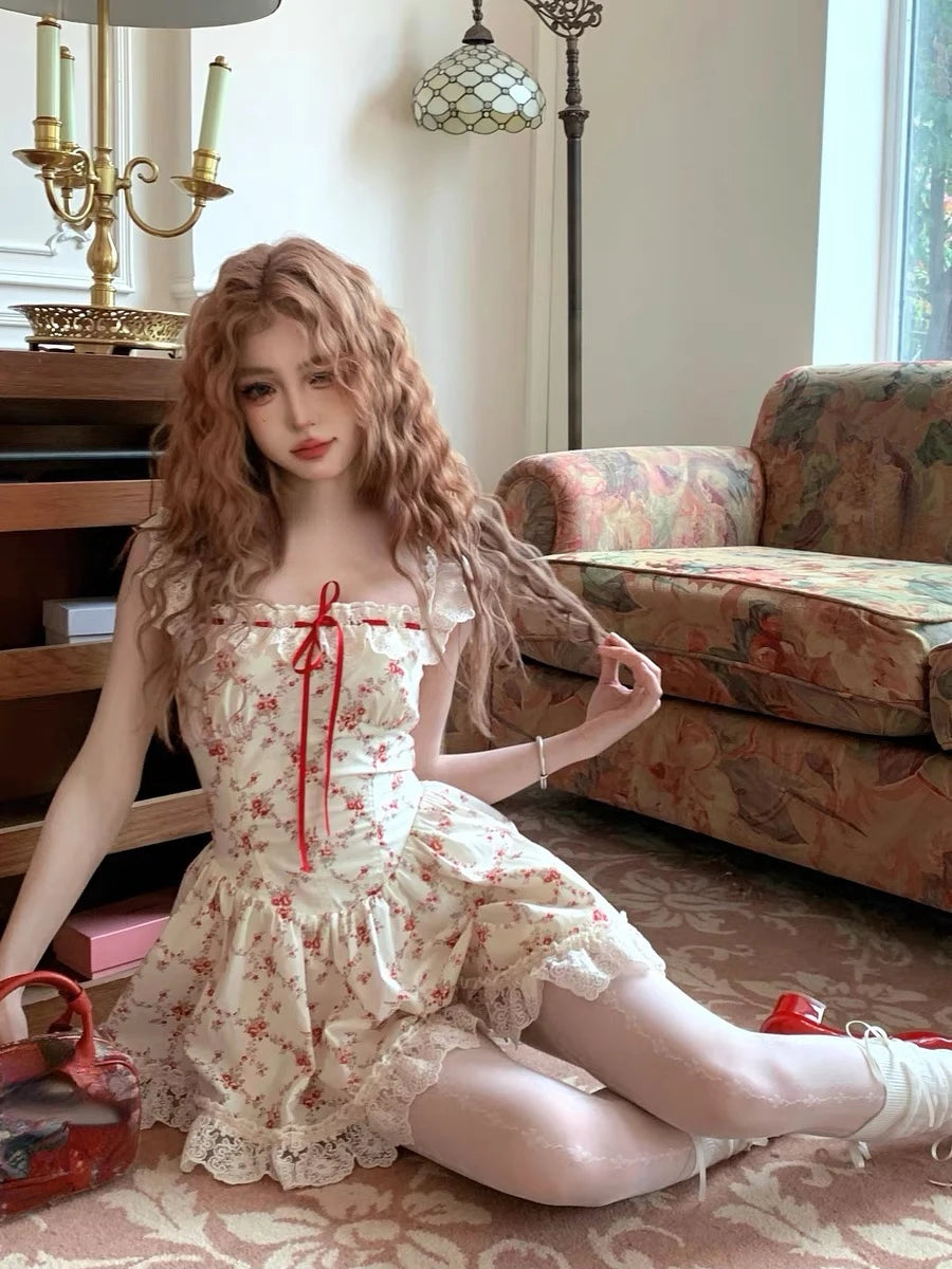 Aiertu 2024 New Sweet Floral Dress Set Woman Casual Red Short Cardigan Elegant Lace Y2k Mini Dress Beach Korean Fashion Clothing Suit Aiertu