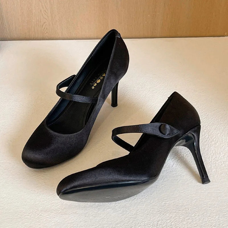 AIERTU  -  New Fashion Satin Round Toe Buckle Strap Women Pumps Concise Elegant Thin High Heels Banquet Dress Shoes Aiertu