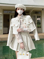 Aiertu High Quality Fashion Tassel Design Small Fragrance 2 Piece Sets Women Outfit Long Sleeve Short Jacket Coat + Pleated Skirt Suits Aiertu