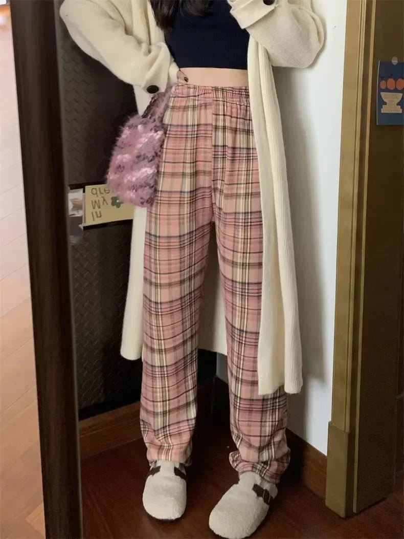 Aiertu Fashion Warm Plush Pants Cashmere Thick Plaid Ladies Winter Casual Loose Wide-legged Pants Korean Streetwear Students Aiertu