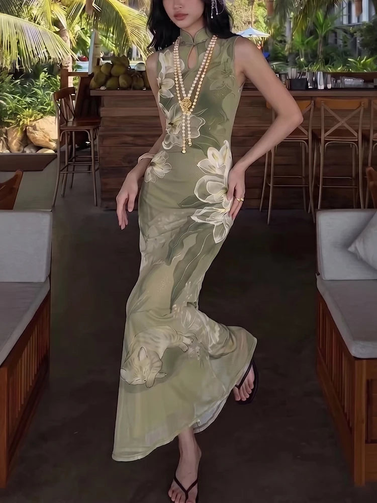 AIERTU  -  Fashion Party Gown Dress Women Hollow Frog Button Stand-Up Collar Floral Print Sleeveless Classic Elegant Chic Vestidos Aiertu