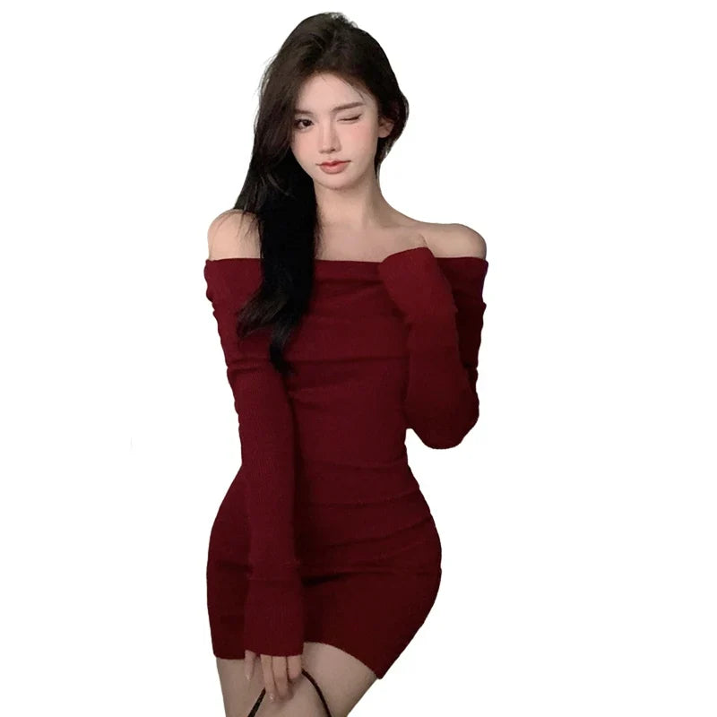 Aiertu DRESS TO IMPRESS Elegant Beautiful Women's Bodycon Dresses Slim Fitting Solid Color Fashion Autumn Off Shoulder Wrap Dress Dresses Winter aiertu
