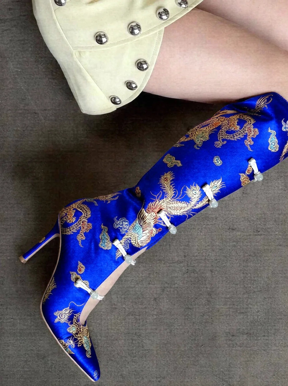 AIERTU  -  Retro Chinese Style Satin Pointed-Toe Knee Boots Brocade Embroidery Stiletto Heels Cutouts Design Unique Footwear Aiertu