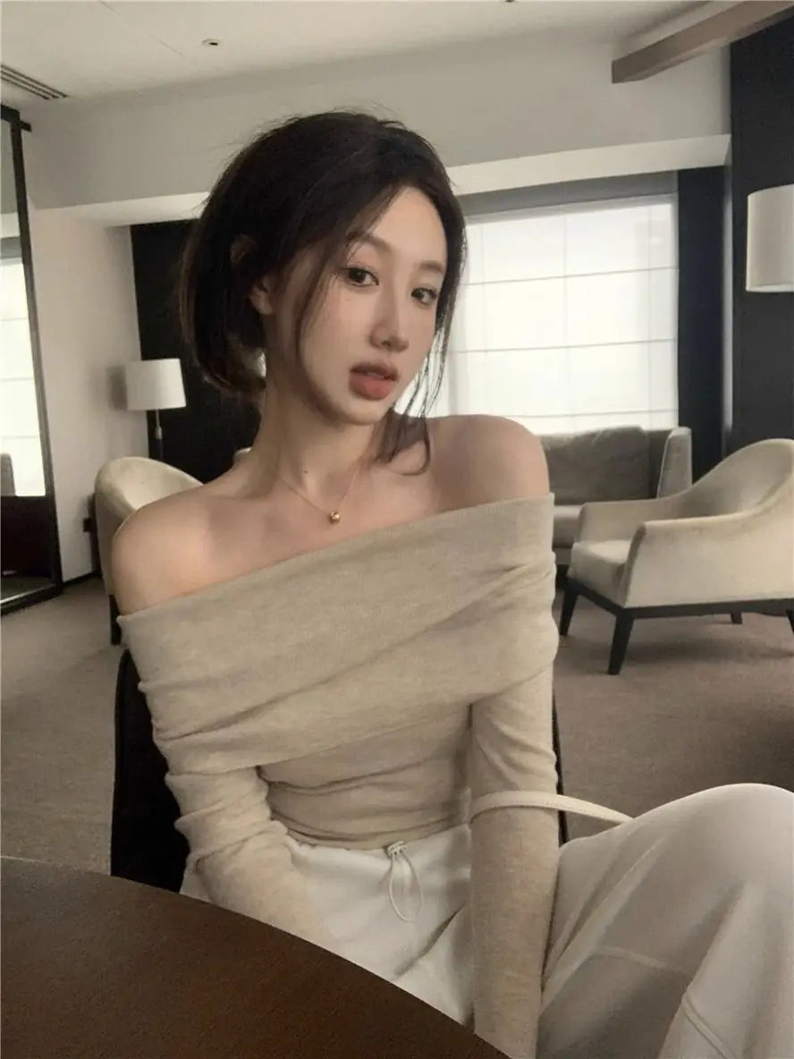 Slash Neck Pullovers Women Short Knitted Thin Slim Defined Waist Basic All-match Sexy Elegant Off Shoulder Autumn Winter Female Aiertu