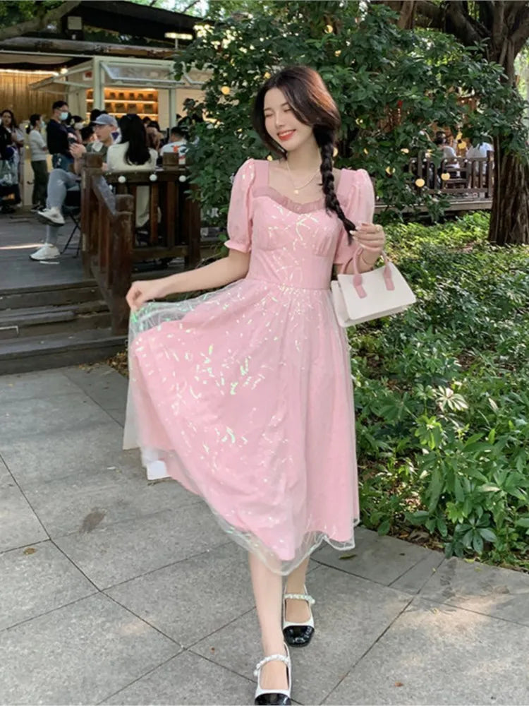 Aiertu Women Sweet Pink Puff Sleeve A-line Mini Dress Female Mesh  Square Collar Holiday Dress Shiny Girl Design Dress Aiertu