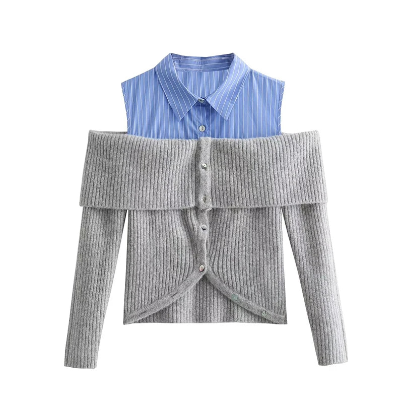 Aiertu Women Open Design Patchwork Cardigan Vintage Lapel Collar Long Sleeve Female Crop Knitwear Aiertu