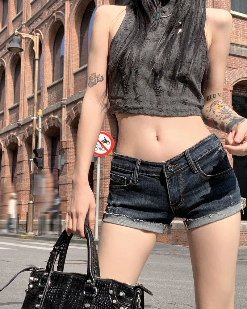 Aiertu Women's Low Rise Elastic Tight Curled Denim Shorts Summer New Hot Girl Street Casual Hip Wrap Sexy Mini Shorts Female Aiertu