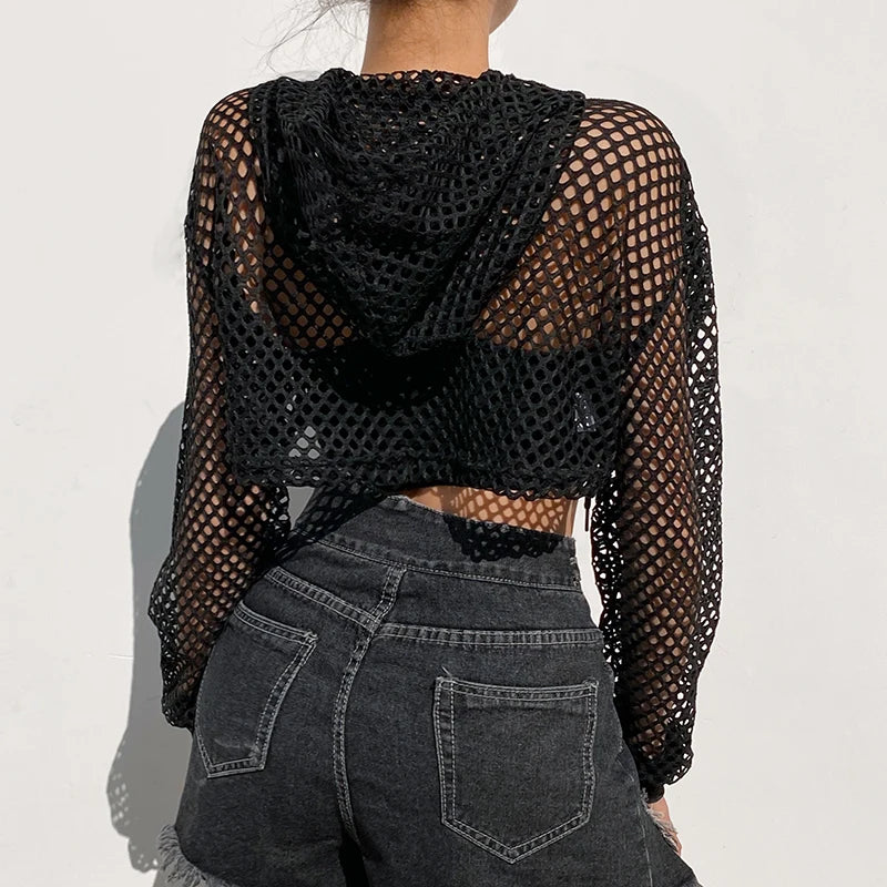 Aiertu  Street Style Fishnet Holes T Shirt See Through Hollow Out Hooded Full Sleeve Crop Top Women Casual Loose Shirt Smock Fall Aiertu