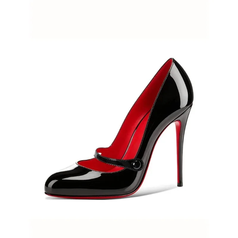 AIERTU  -  New Slim Heel sexy Shallow Mouth 12cm Round Toe Women's Straight Line with Rhinestone Buckle Retro Mary Jane Single Shoe Aiertu