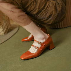 Aiertu NEW Spring Women Pumps Genuine Leather Shoes for Women Square Toe Chunky Heel Shoes Concise Mary Janes High Heel Women Shoes Aiertu