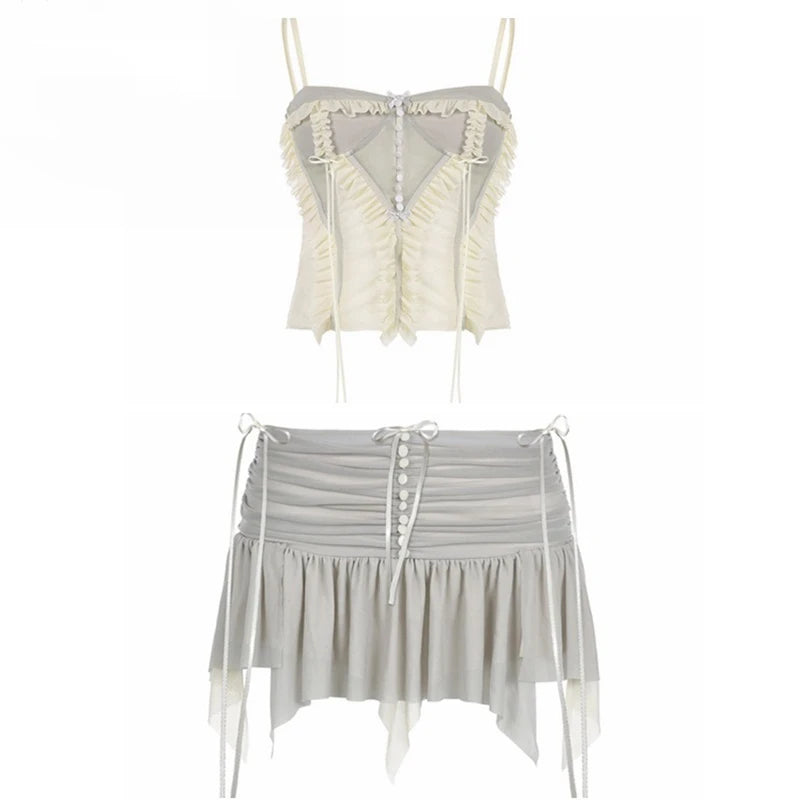 Aiertu Y2k Two Piece Set Outfit Aesthetic Fairy Grunge Mesh Irregular Short Skirt And Crop Top 2023 Summer Chic Women Matching Sets Aiertu