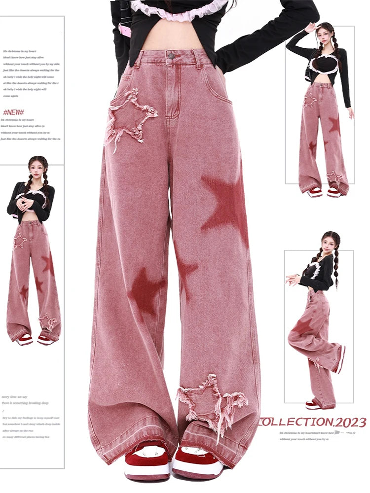 Aiertu Women's Vintage Red Wide Leg Star Jeans 90s Fashion Aesthetic Denim Trousers Harajuku 2000s High Waist Baggy Jeans Pants Clothes Aiertu