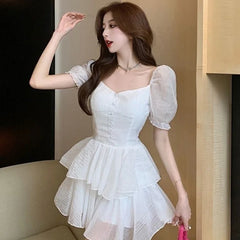 Pleated Skirt New Korean Solid Color V-neck Puff Sleeve Mini Dress Women Clothing Lolita Sweet Pleated Slim Sexy Dress Aiertu