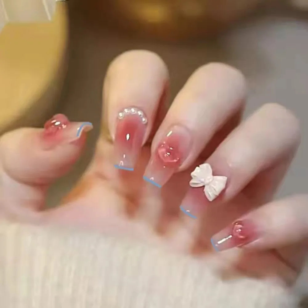 Aiertu 24Pcs Valentine Nails Press on Love Y2k Acrylic Nails Sparkle Butterfly French Cat Eye Almond Full Cover Stick on False Nail Tip Aiertu