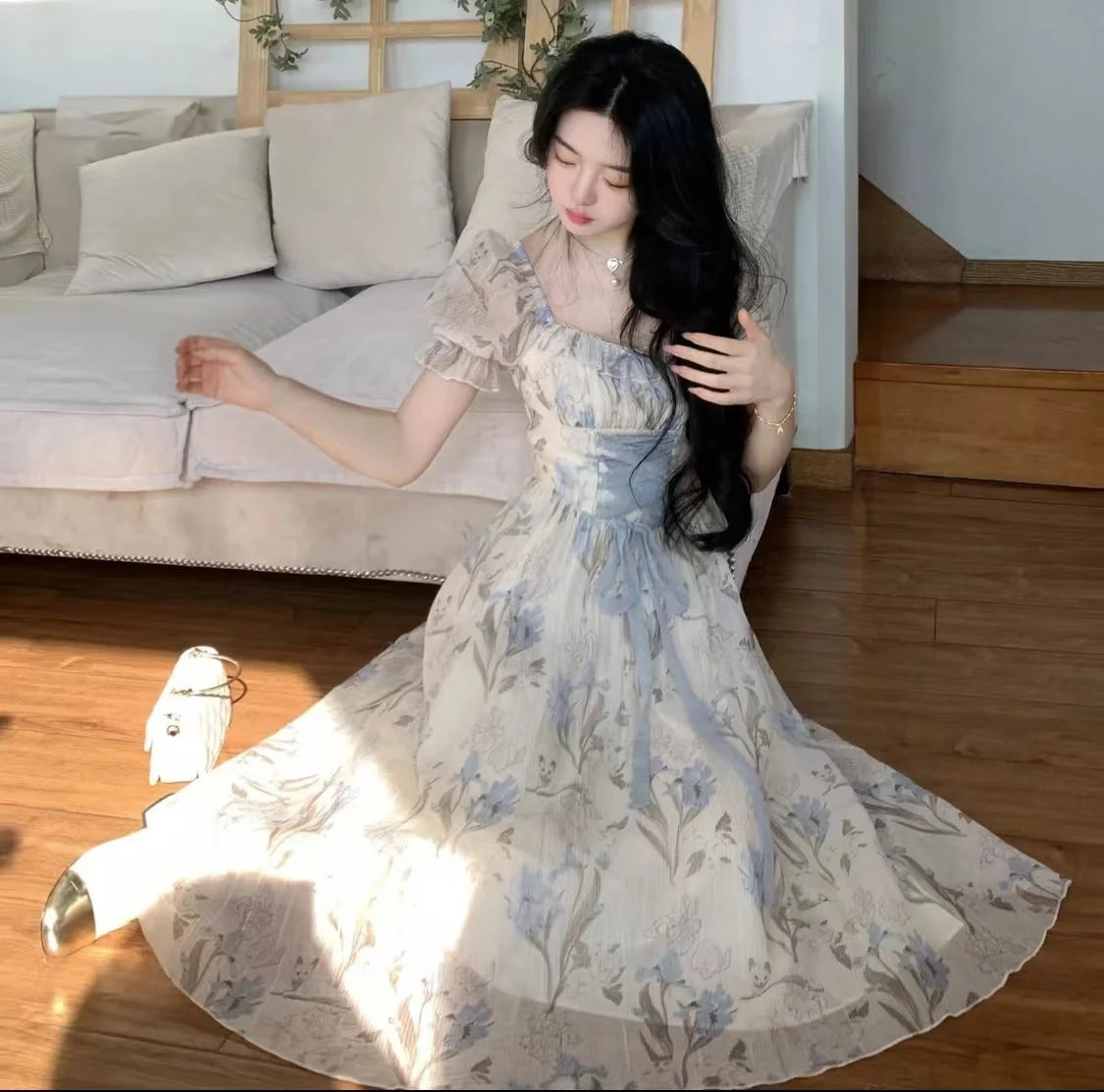 Aiertu Elegant Floral Print Midi Dresses for Women 2024 Summer New Vintage Fashion Slim Casual Birthday Party Lace-up Female Clothing Aiertu