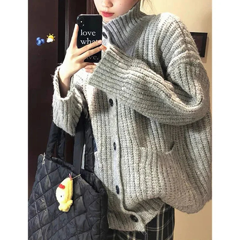 Aiertu Loose Lazy Sweater Women Twist Fashion Knit Autumn Winter Warm Cardigan Harajuku Stand Collar Gray Vintage Female Jumpers aiertu