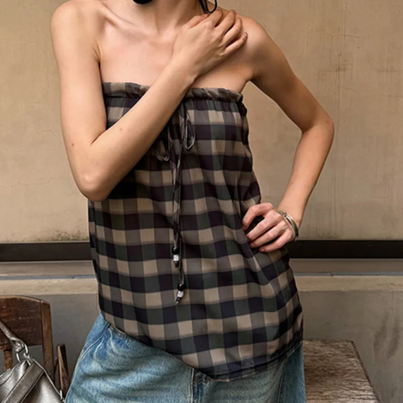 AIERTU  -  Checkered Lace Up Strapless Vest Backless Pure Cotton Drawstring Top Women Retro Sexy Loose And Personality Fashionable Casual Aiertu