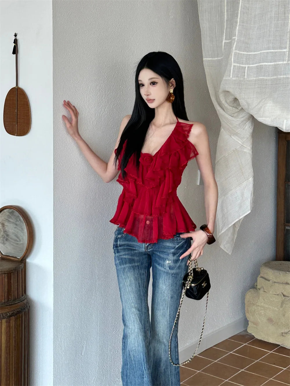 AIERTU  -  Women Camisoles V-neck Retro Ruffle Edge Irregular Pleats Halter Exposed Back Elastic Slim Fit Sexy Temperament Strapless Top Aiertu